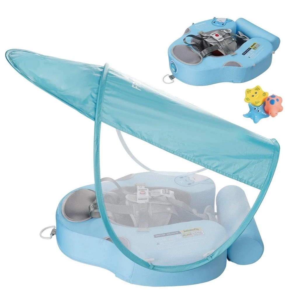 Doctor Dolphin Baby Swimming Ring Air-Free w/ Canopy & Safety Harness 3–24M NEW